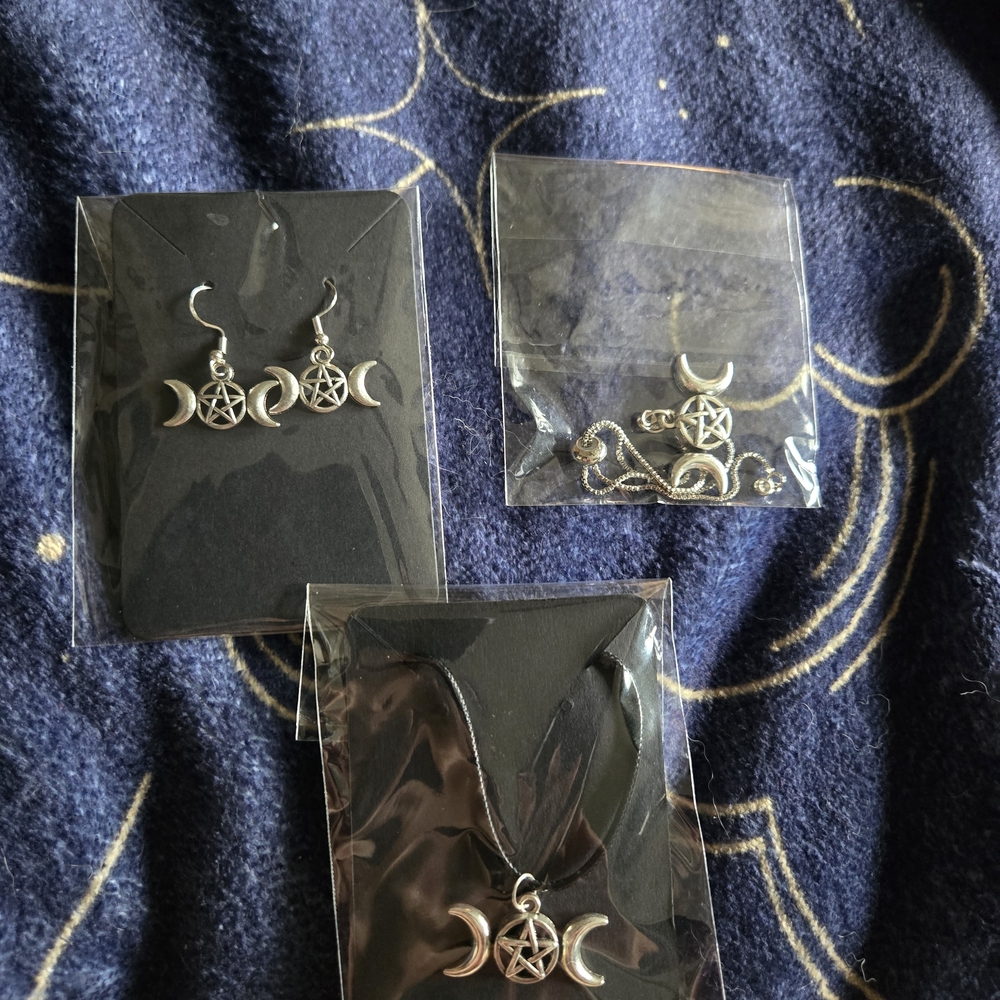 Silver Moon and Pentacle Jewelry Set